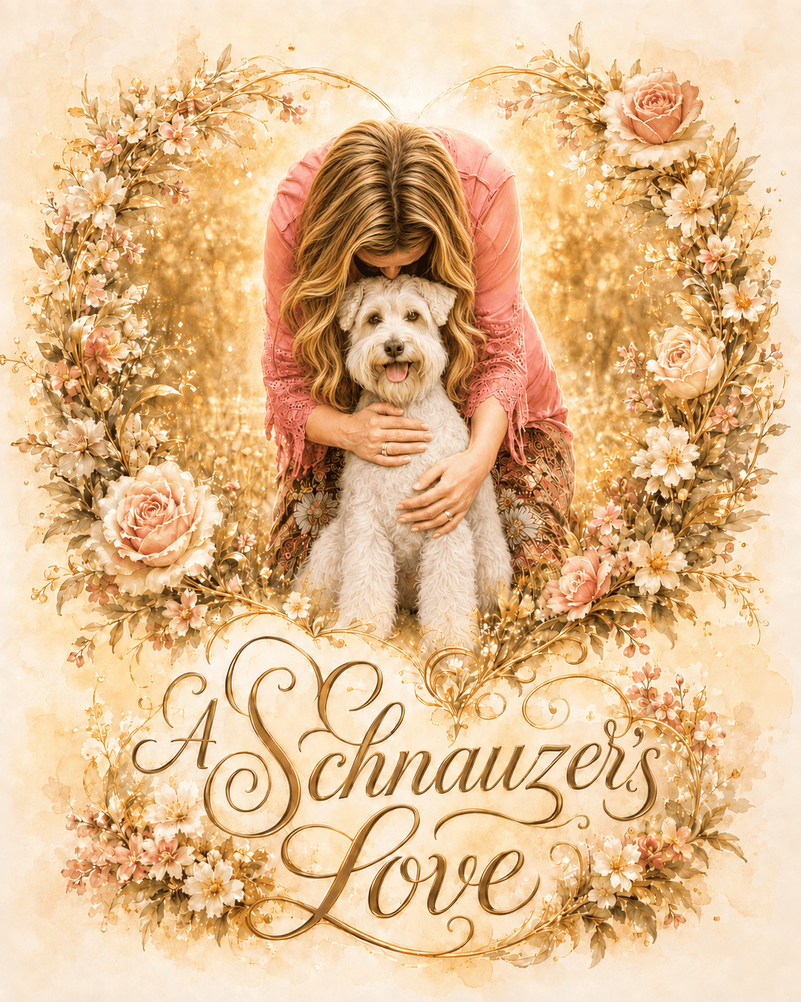 A Schnauzer’s Love floral artwork showing a woman embracing a white Schnauzer
