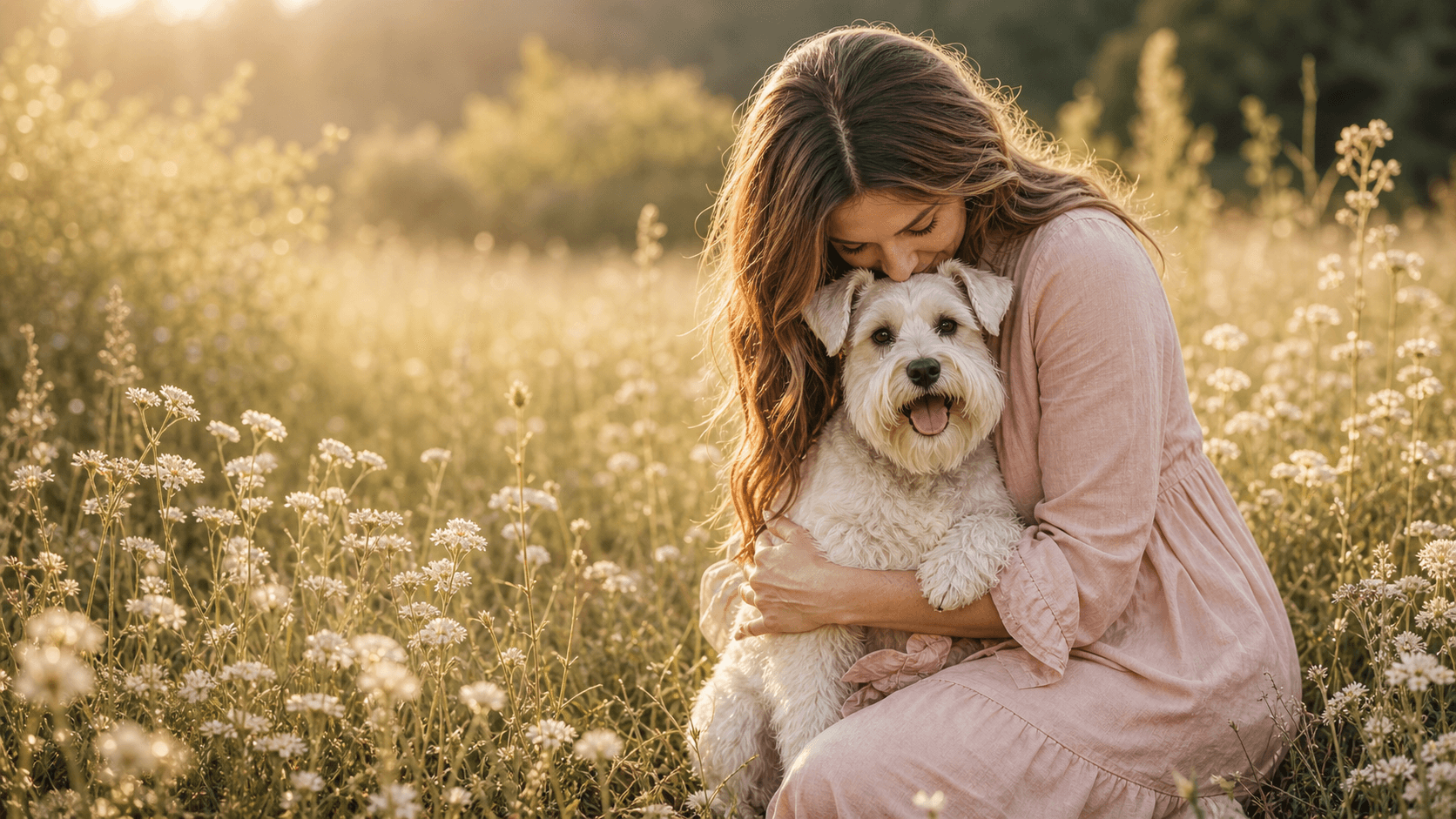 A woman embracing a white Schnauzer in warm meadow light